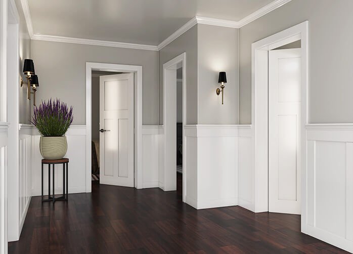 Doors Plus Plus Products Shaker doors with Wainscoting Wall Paneling Painted in white finish ISH66