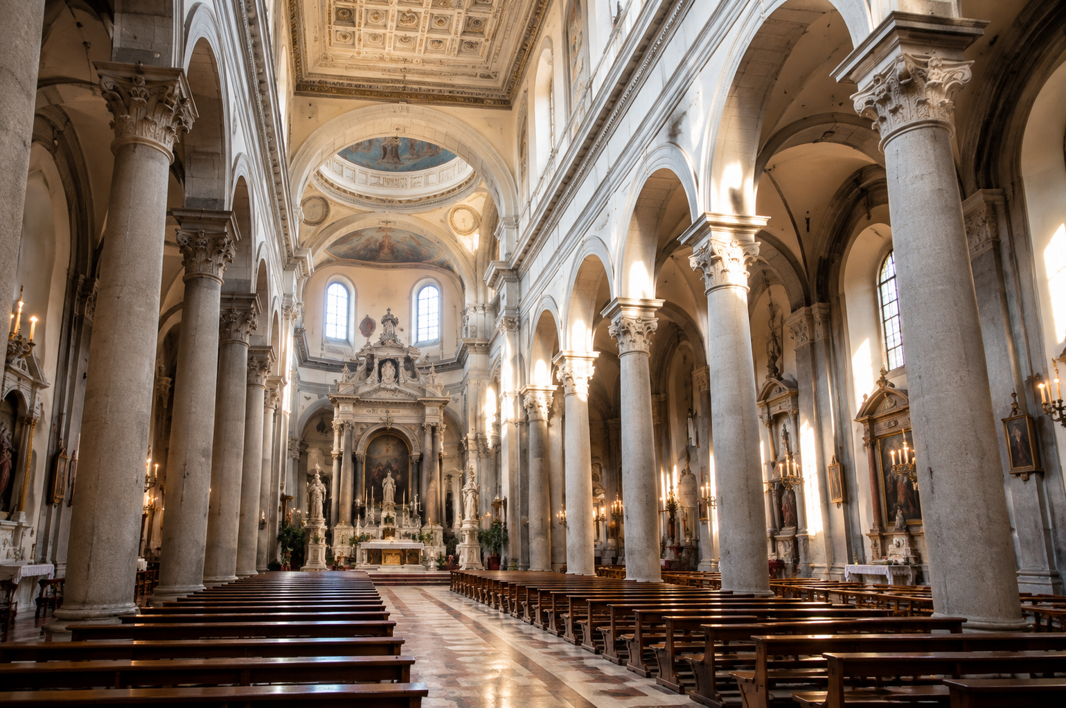 Grand cathedral interior featuring stone columns, vaulted arches, wooden pews, ornate altar and historic European architecture