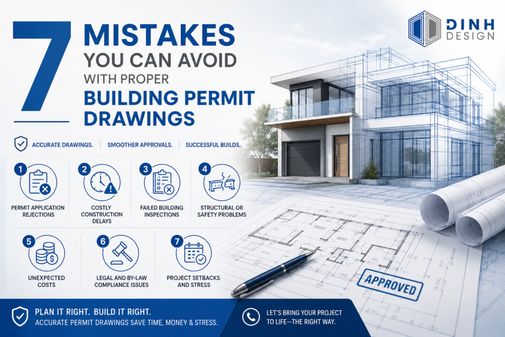 Building permit drawing mistakes illustration for residential construction projects by Dinh Design.